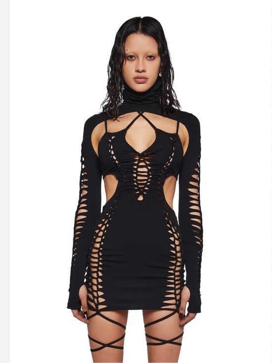 Dolls Kill Dresses & Skirts - Dolls Kill Darker Waves Shredded Black Cutout Lace-up Bodycon Rave Mini Dress